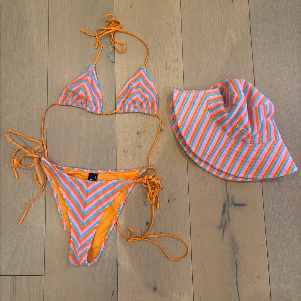 Triangl Swimwear Bikini Set and bucket hat in Orange, pink, and Blue. 🧡🩷💙